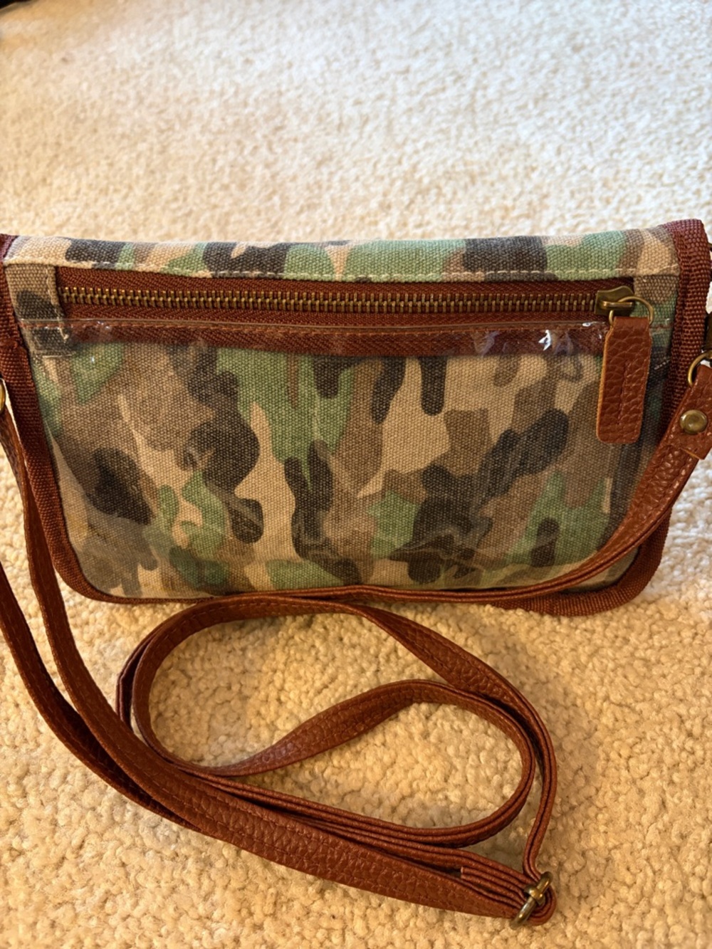 Camouflage Canvas 100% Cotton Crossbody Bag/Clutch with Brown Trim
